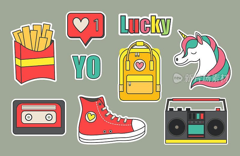A bright set of stickers for a teenager. Colorful badges and labels. The stickers are made in cartoon style and bright colors. Vectral illustration